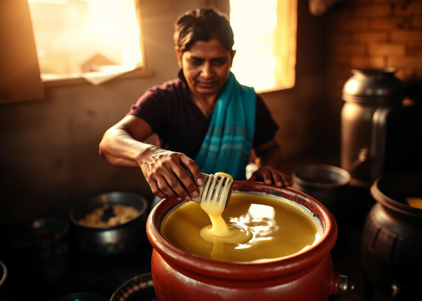 Traditional Bilona hand-churning process